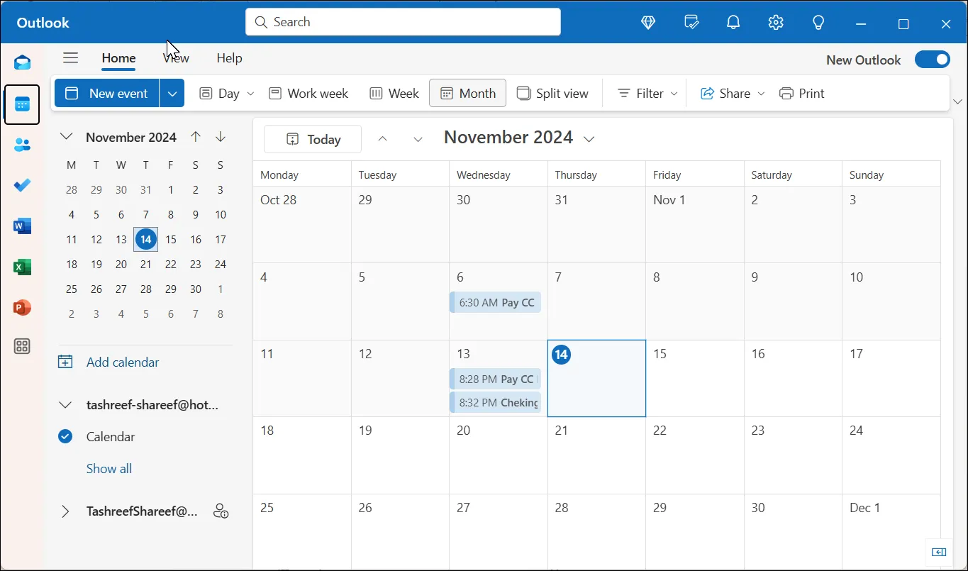Ứng dụng Lịch trong Outlook trên Windows 11 hiển thị các cuộc hẹn và lời nhắc