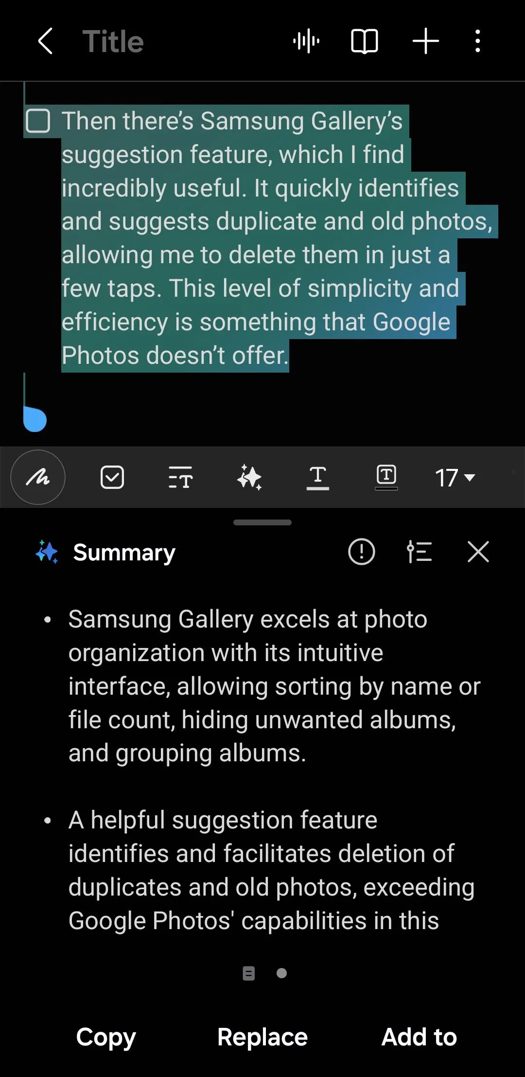 Ứng dụng Samsung Notes hiển thị bản tóm tắt tự động của một ghi chú dài
