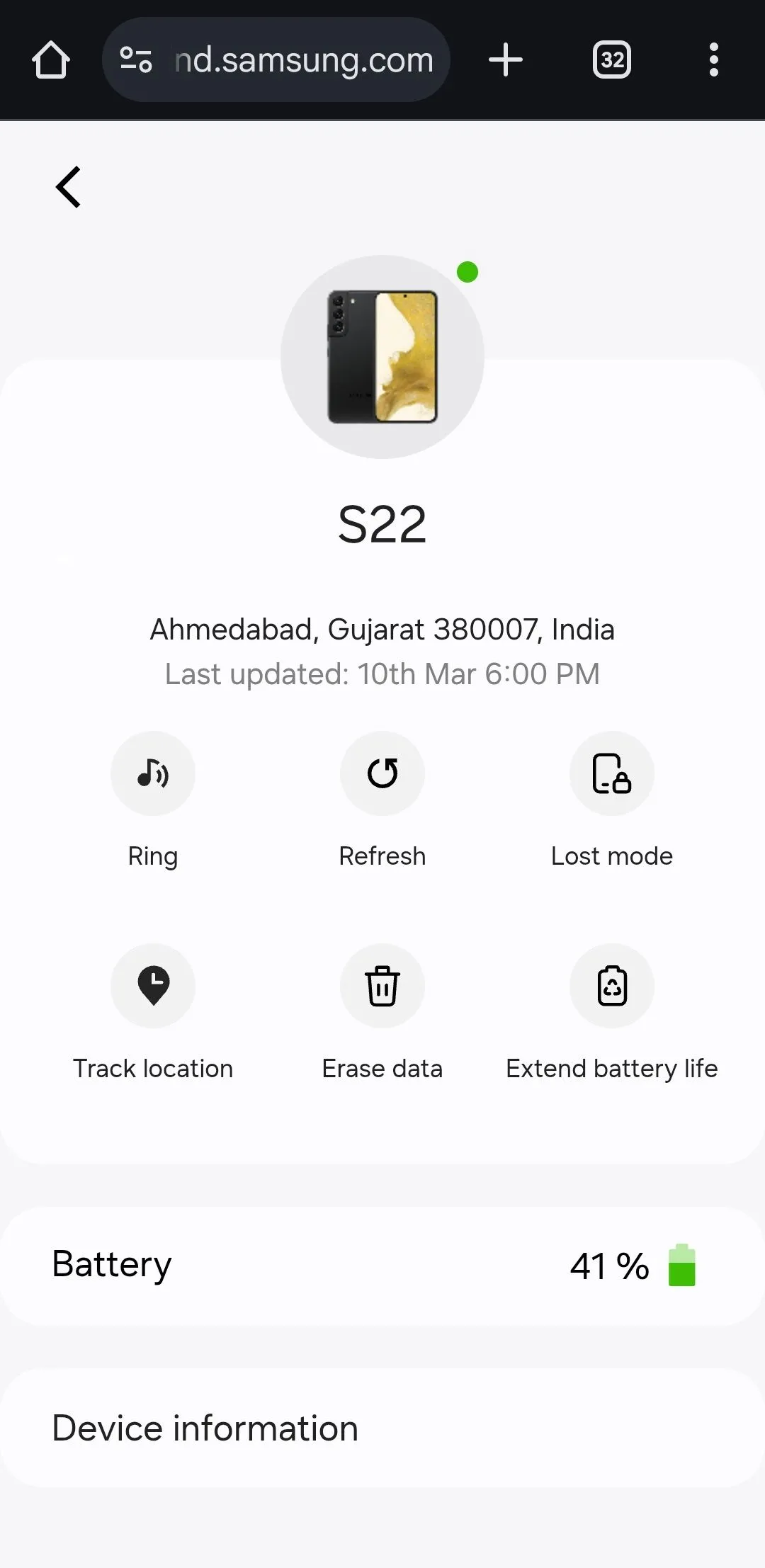 Ứng dụng Samsung SmartThings Find hiển thị các tùy chọn tìm kiếm thiết bị Android