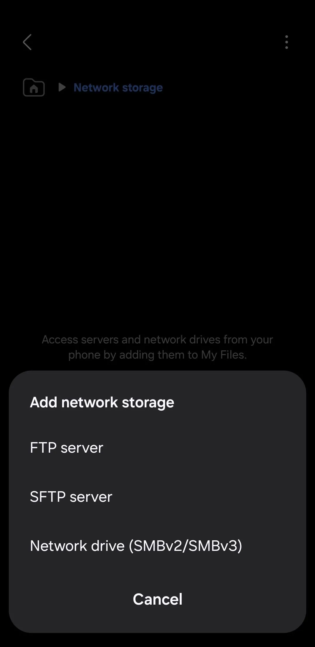 Ứng dụng Tệp của tôi (Samsung Files) hiển thị tùy chọn thêm bộ nhớ mạng