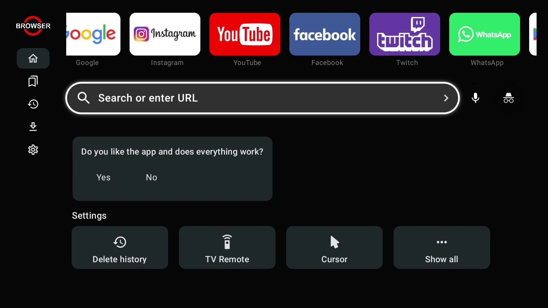 Ứng dụng trình duyệt "Browser" đang hiển thị trên màn hình Smart TV, minh họa giao diện đơn giản và các tùy chọn điều khiển.