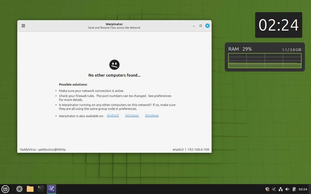 Ứng dụng Warpinator trên Linux Mint hiển thị các thiết bị tương thích trong mạng nội bộ, cho phép chia sẻ tệp và thư mục nhanh chóng giữa các PC.