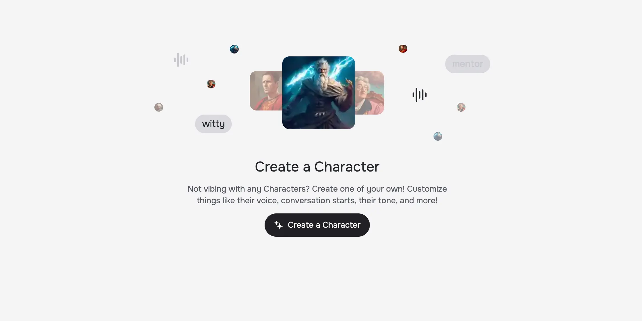 Ứng dụng web Character.AI hiển thị giao diện tạo nhân vật AI tùy chỉnh, mở rộng khả năng tương tác của người dùng.