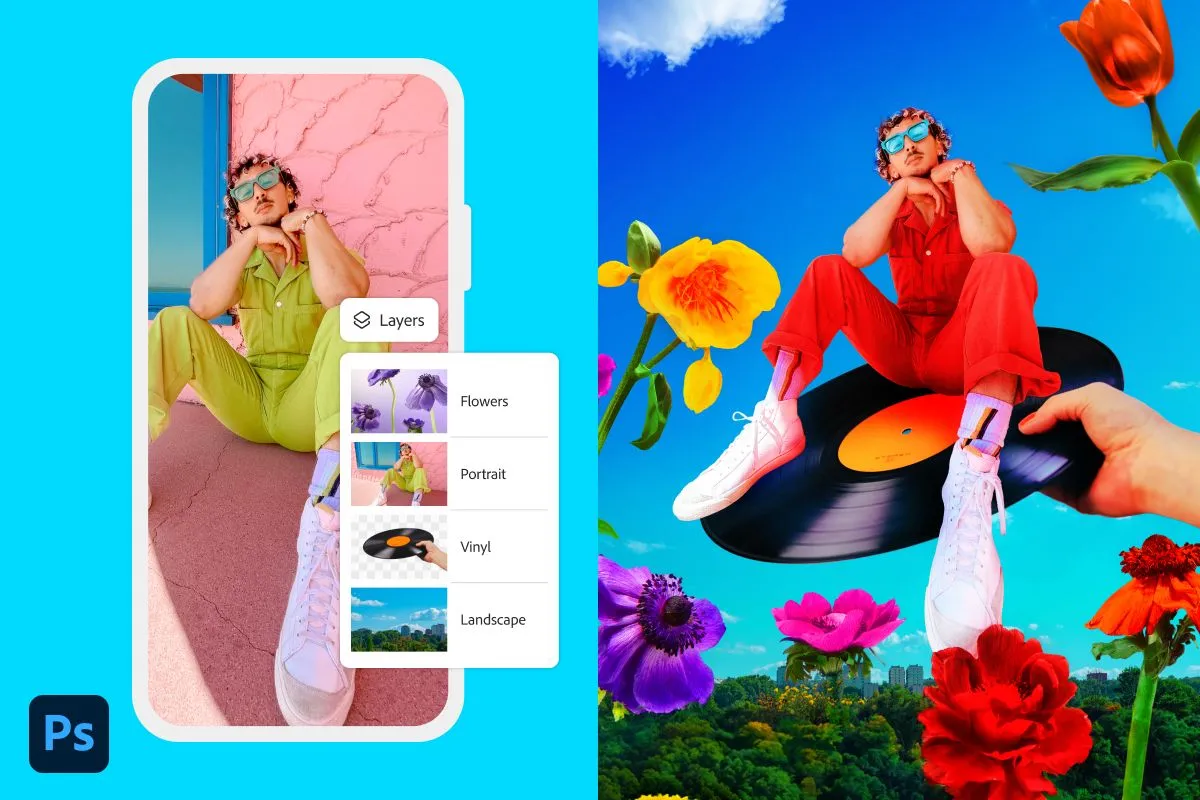 Ví dụ chỉnh sửa ảnh chuyên nghiệp trên giao diện Photoshop Mobile, cho thấy khả năng của các công cụ nâng cao