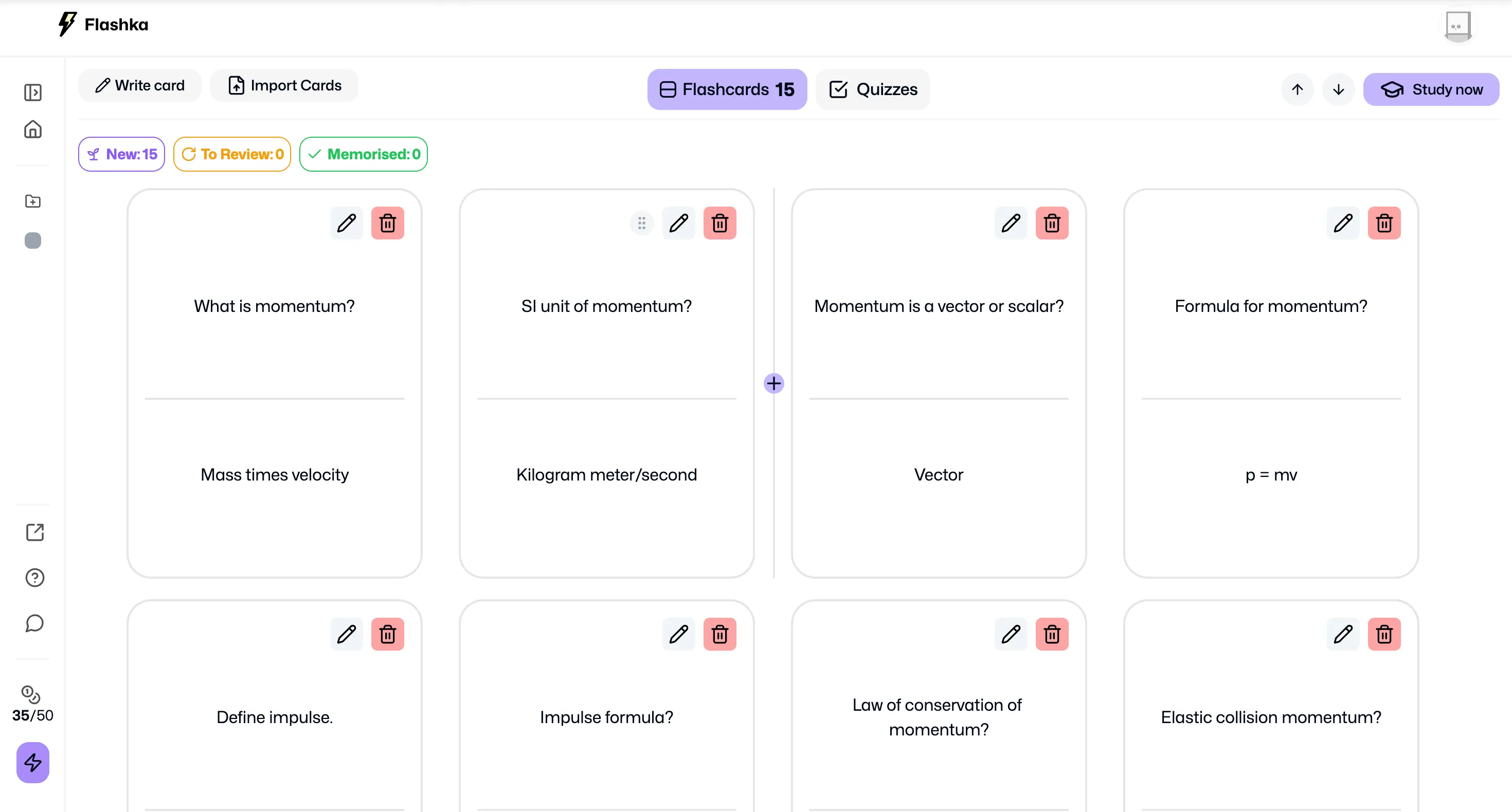 Ví dụ flashcard vật lý về chủ đề Momentum được AI của FlashKa tạo tự động