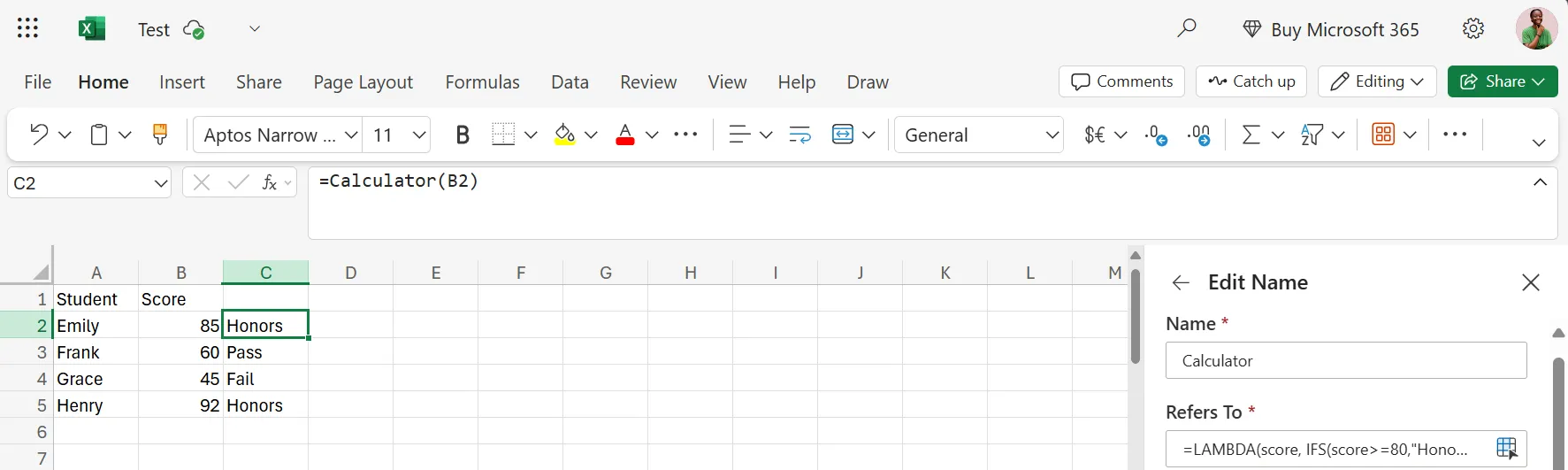 Ví dụ hàm LAMBDA "Calculator" trong Excel hiển thị cách tính điểm học sinh tự động