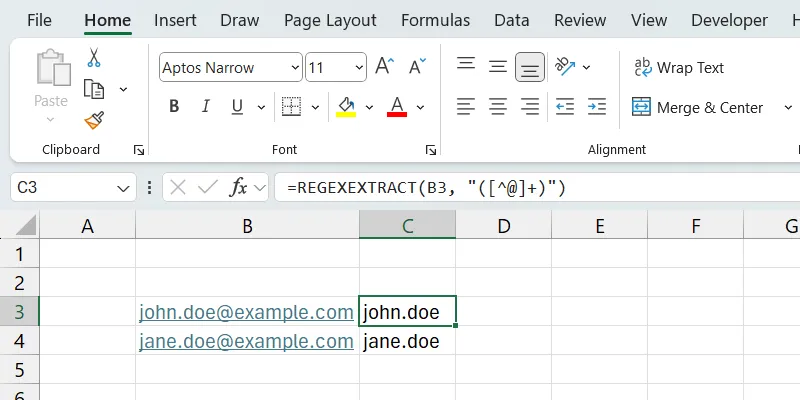 Ví dụ hàm REGEXEXTRACT trong Excel trích xuất phần tên người dùng từ địa chỉ email
