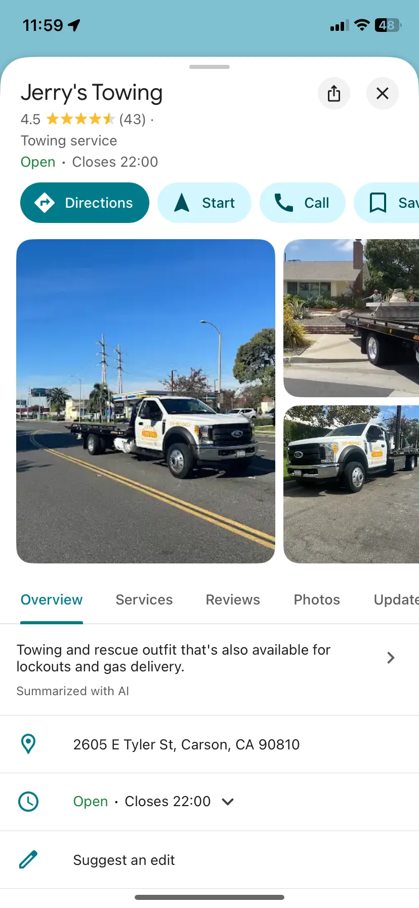 Ví dụ hồ sơ doanh nghiệp trên Google Maps với tab Tổng quan đang mở trên thiết bị di động