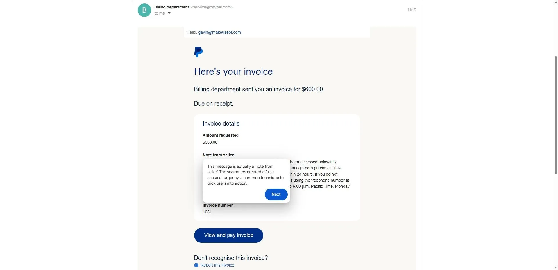 Ví dụ một email lừa đảo PayPal giả mạo trong Google Phishing Quiz