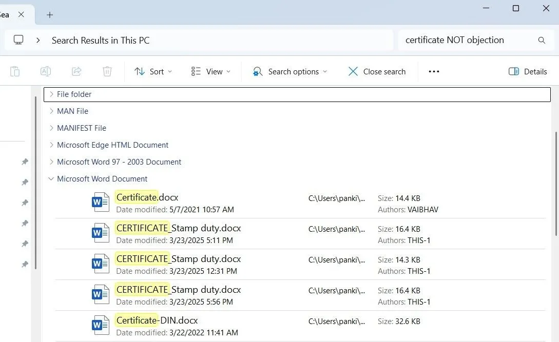 Ví dụ tìm kiếm trong File Explorer sử dụng toán tử &quot;NOT&quot; để loại trừ kết quả không mong muốn