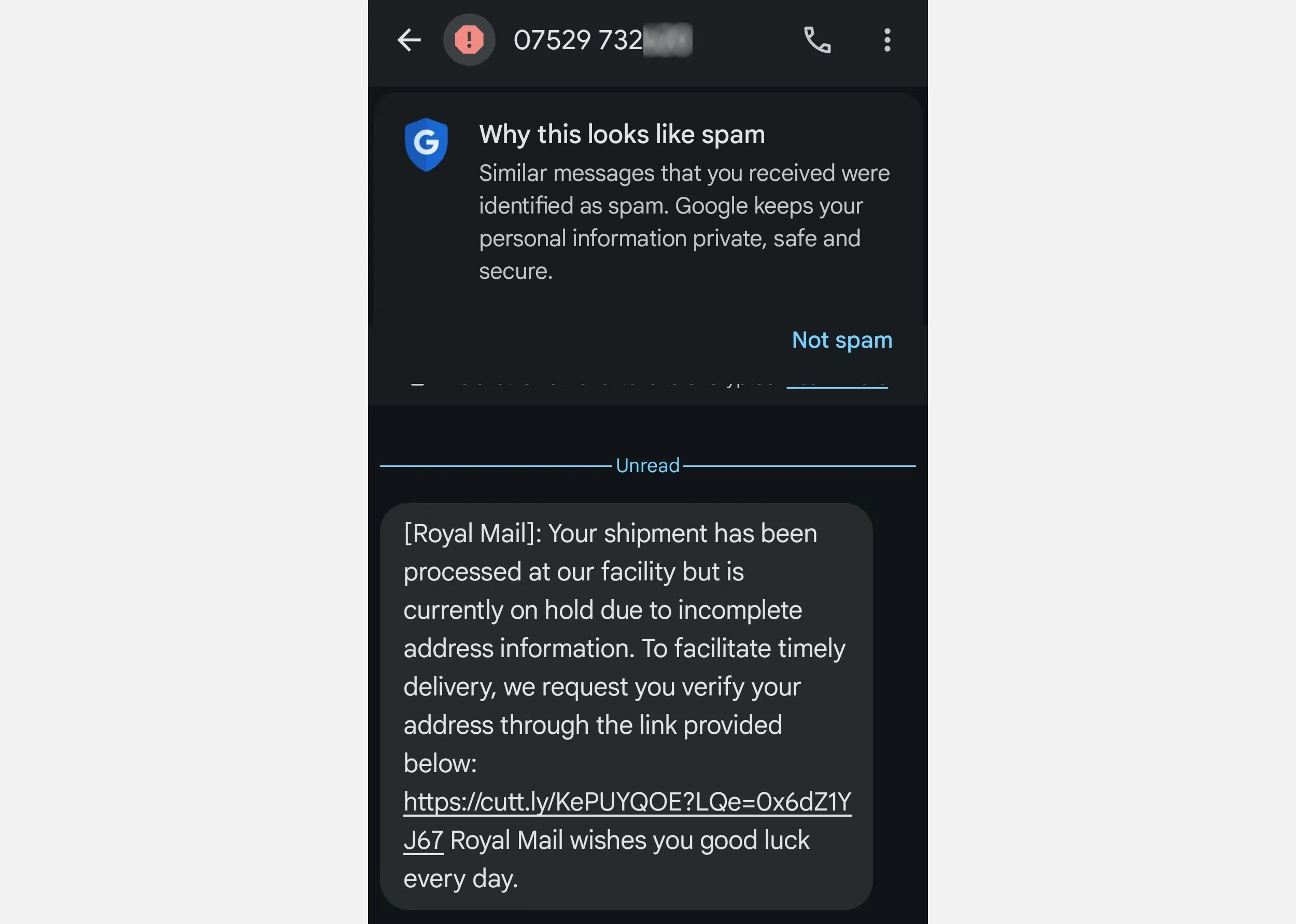 Ví dụ tin nhắn lừa đảo Smishing giả mạo Royal Mail UK trên điện thoại di động