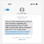 Ví dụ tin nhắn lừa đảo SMS phạt đậu xe mạo danh từ San Francisco