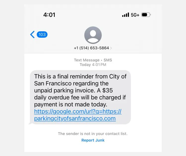 Ví dụ tin nhắn lừa đảo SMS phạt đậu xe mạo danh từ San Francisco