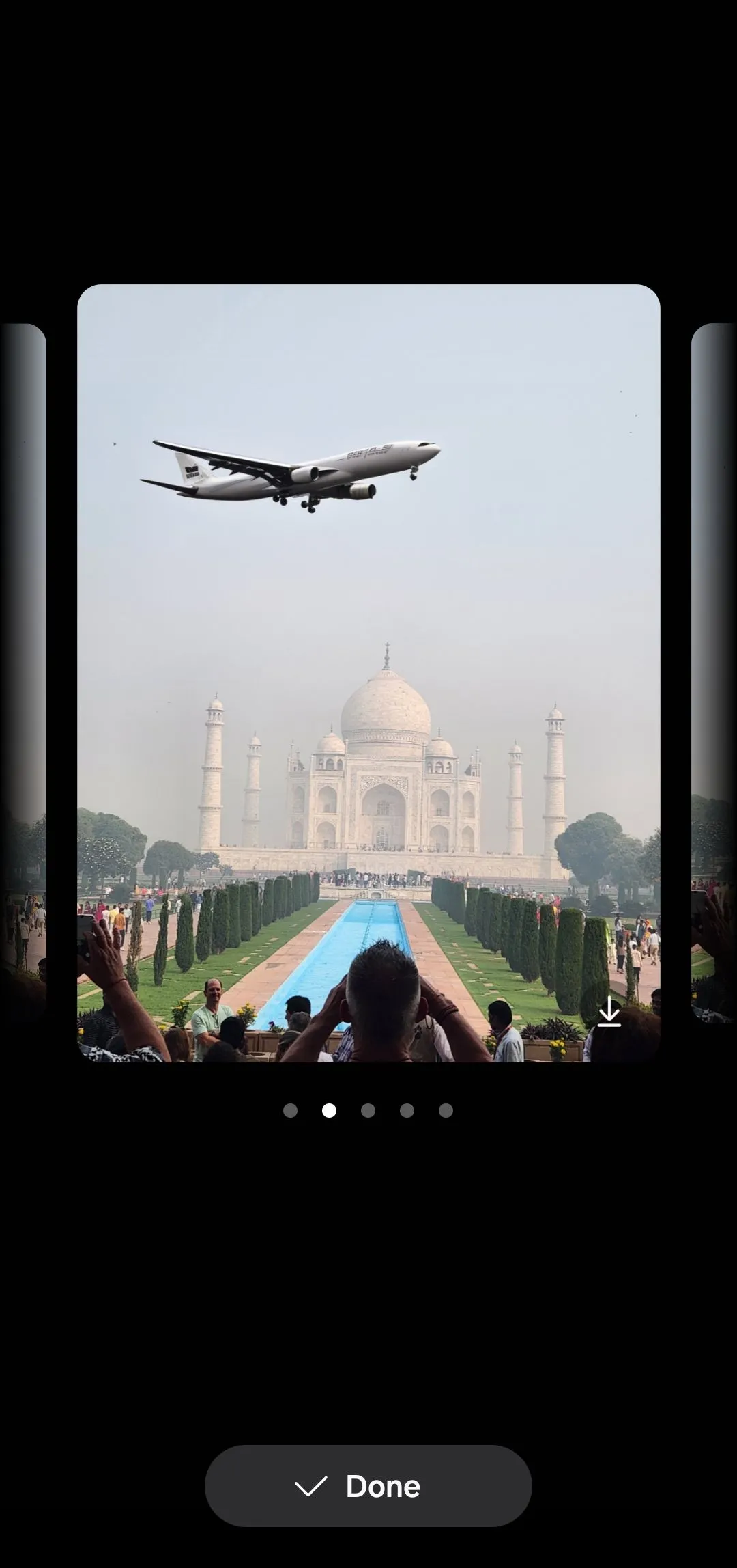Ví dụ tính năng Sketch to Image với hình ảnh máy bay được thêm vào ảnh đền Taj Mahal