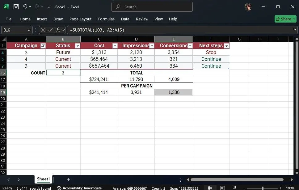 Ví dụ ứng dụng hàm SUBTOTAL để đếm số ô trong bảng dữ liệu Excel, cho phép điều chỉnh khi lọc