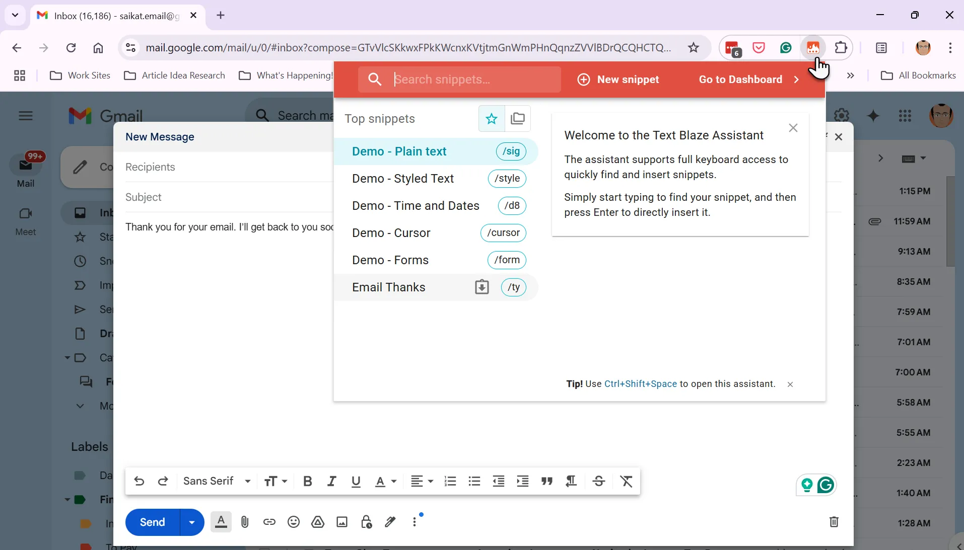 Ví dụ về cách Text Blaze tự động mở rộng văn bản trong email sau khi gõ phím tắt /ty
