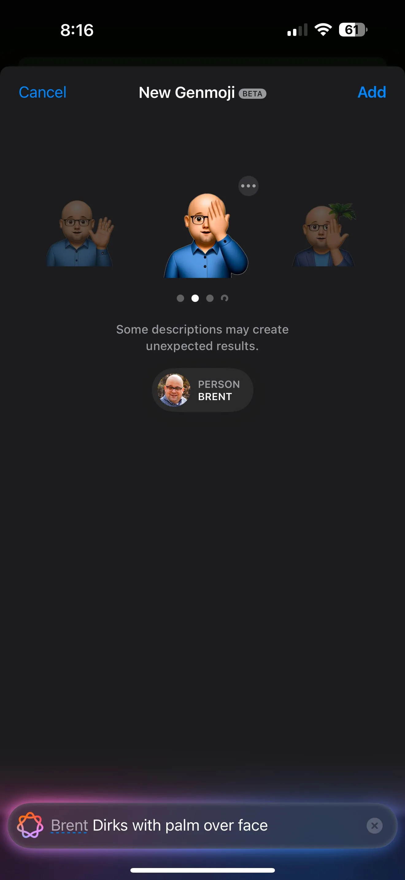 Ví dụ về Genmoji được tạo từ mô tả văn bản, thể hiện biểu cảm &quot;facepalm&quot;.