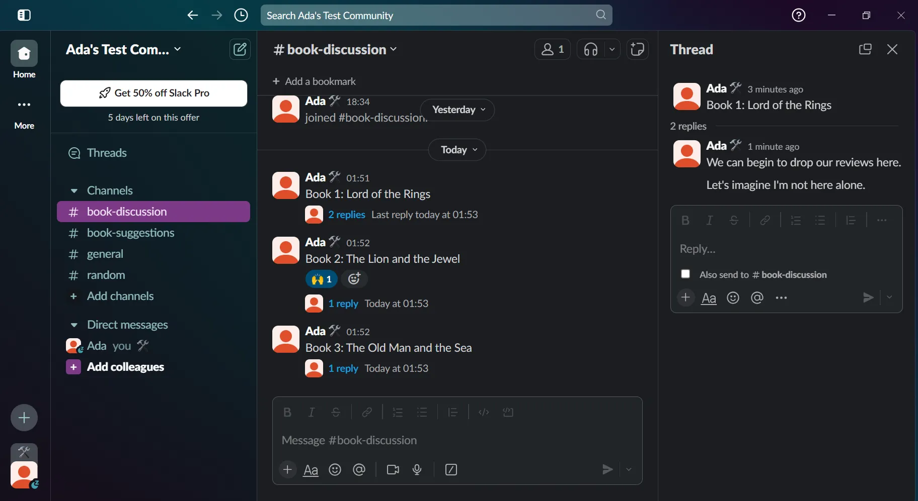 Ví dụ về kênh công khai trên Slack hiển thị các cuộc trò chuyện với tính năng luồng (threads)