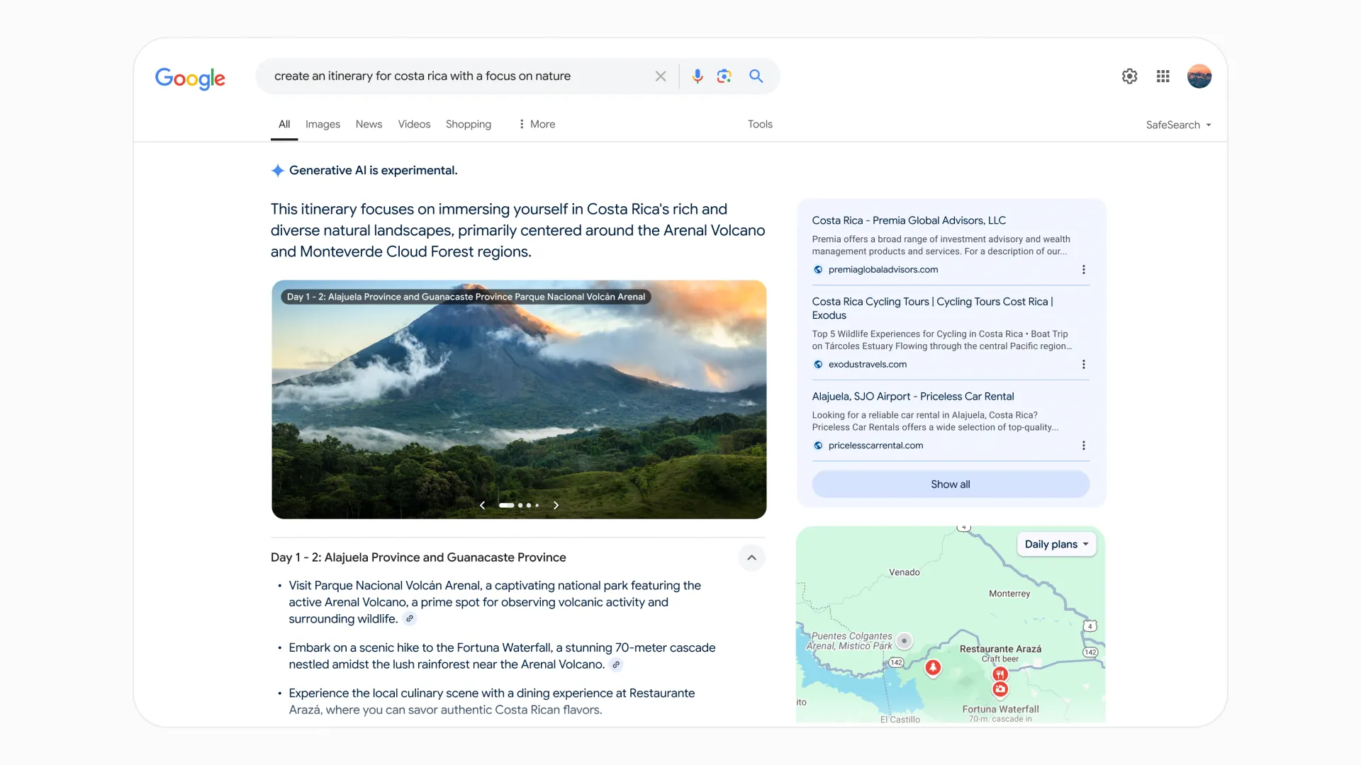 Ví dụ về lịch trình du lịch chi tiết được tạo bởi AI Overviews trong Google Search