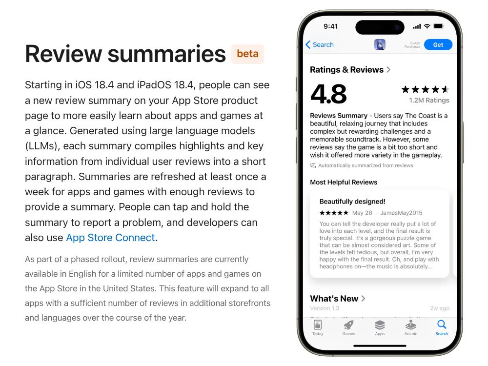 Ví dụ về tính năng tóm tắt đánh giá ứng dụng App Store bằng AI trên iOS 18.4