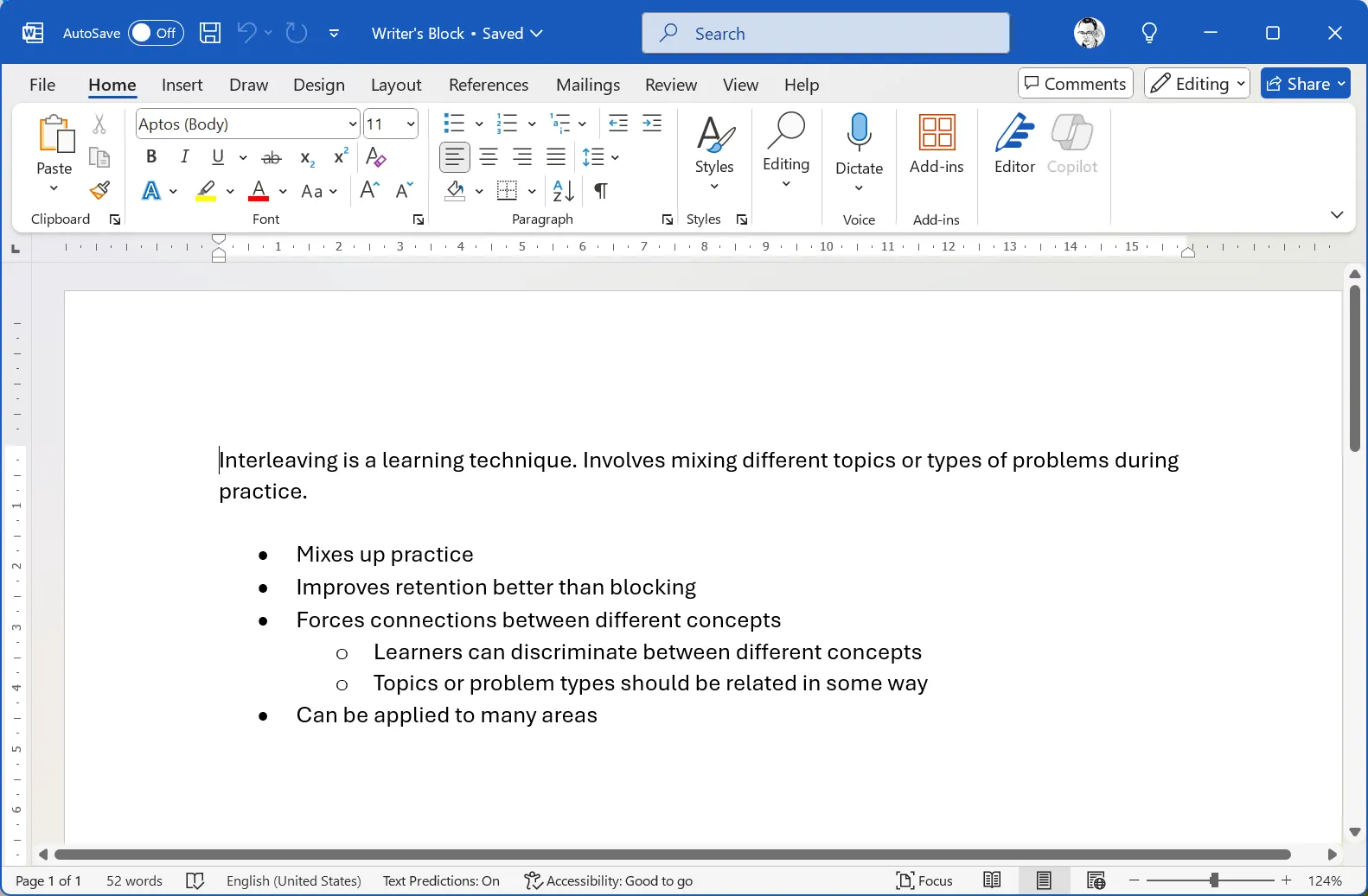 Ví dụ về việc sử dụng gạch đầu dòng (bullet points) trong Microsoft Word, minh họa các phím tắt và cách sắp xếp ý tưởng nhanh chóng để vượt qua bí ý tưởng.