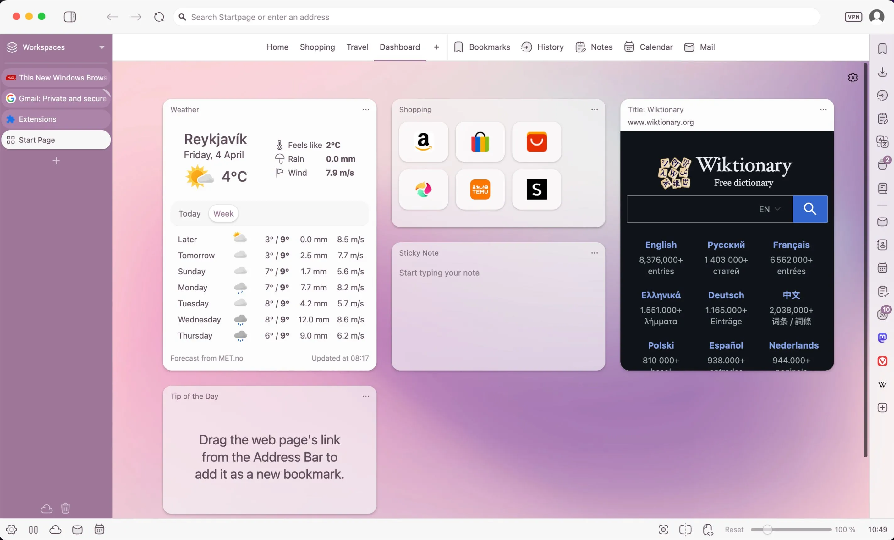 Vivaldi browser new tab window with dashboard in view