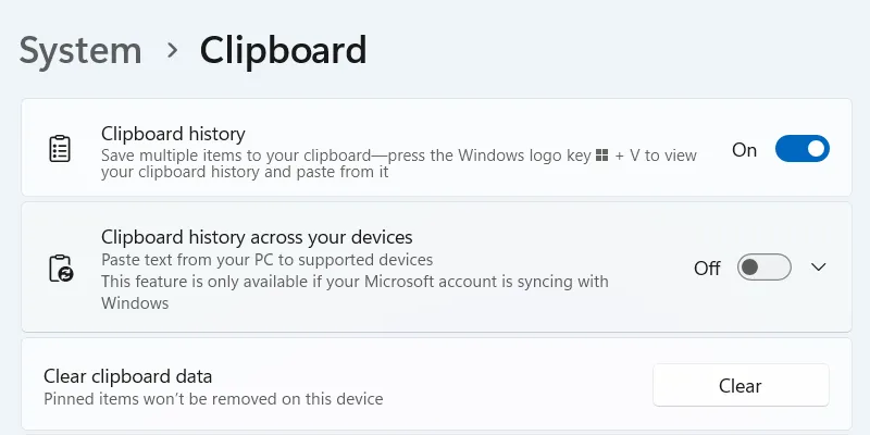 Vô hiệu hóa đồng bộ lịch sử clipboard qua đám mây trên Windows 11