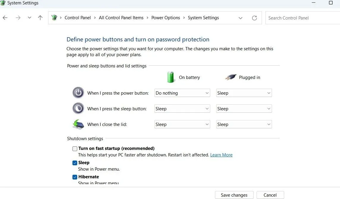 Vô hiệu hóa tính năng Khởi động nhanh (Fast Startup) trong Tùy chọn nguồn trên Windows.