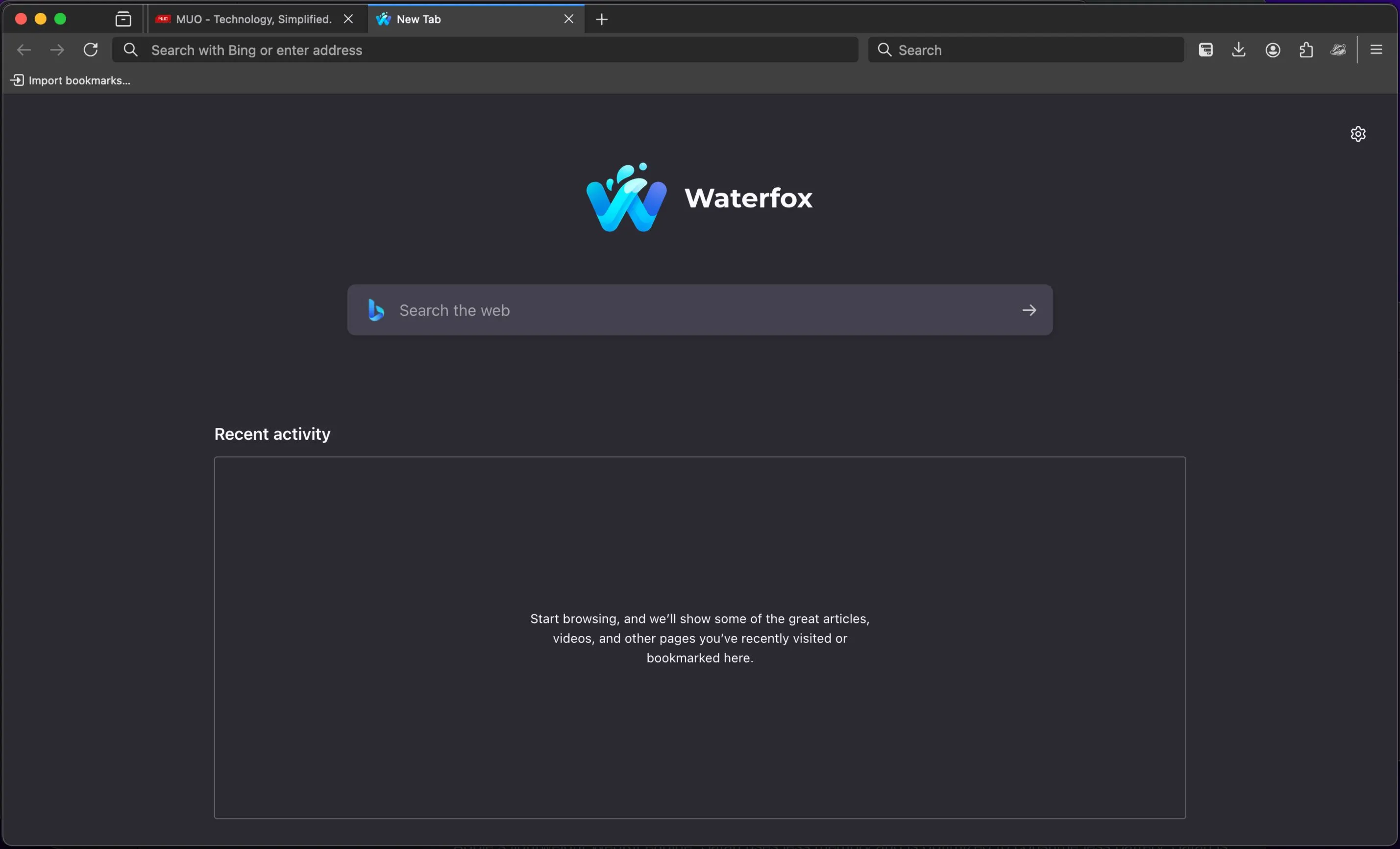 Waterfox browser new tab on Mac