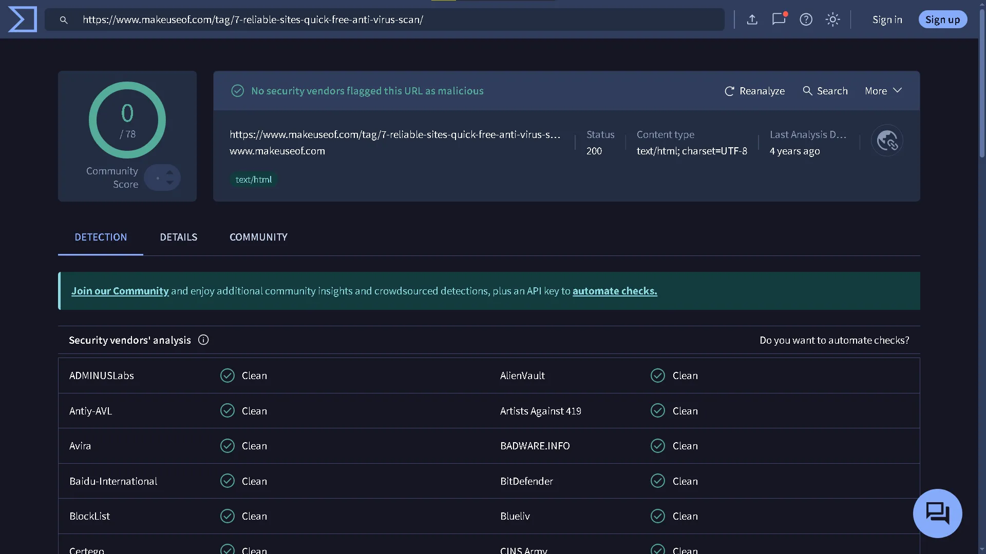 Website VirusTotal đang quét một đường dẫn (URL) để kiểm tra virus trực tuyến