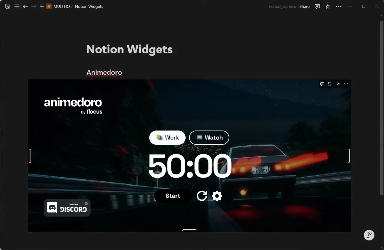 Widget Animedoro hoạt động trên trang Notion với giao diện anime