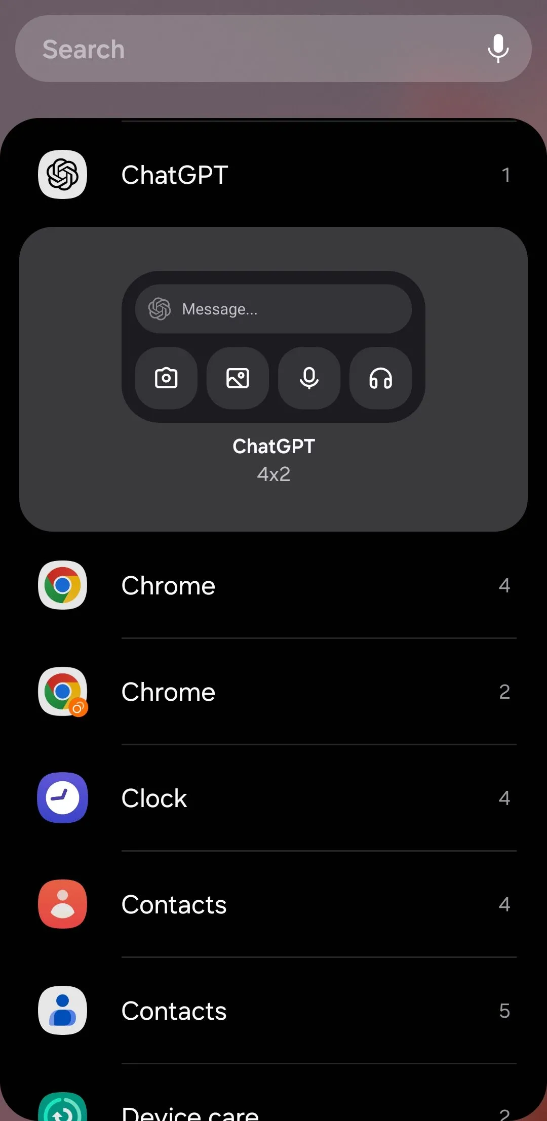 Widget ChatGPT trên điện thoại Android hiển thị các tùy chọn nhập liệu bằng văn bản, giọng nói và hình ảnh