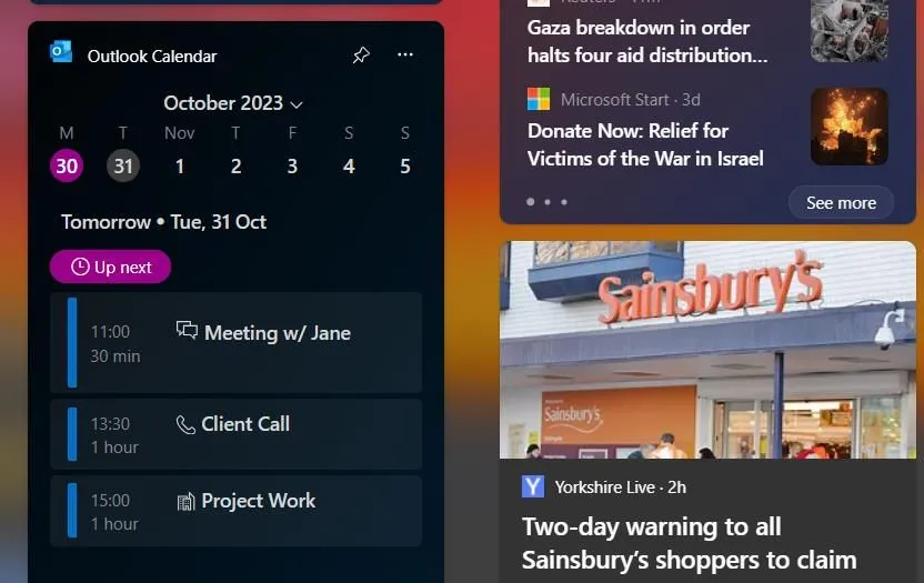 Widget Lịch Outlook trong Windows 11 giúp quản lý lịch trình, hiển thị sự kiện và ngày lễ.