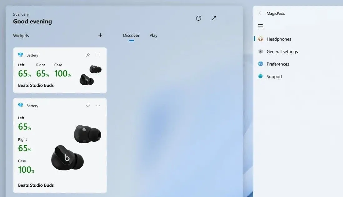 Widget MagicPods trên Windows 11 hiển thị mức pin tai nghe Bluetooth và hộp sạc.