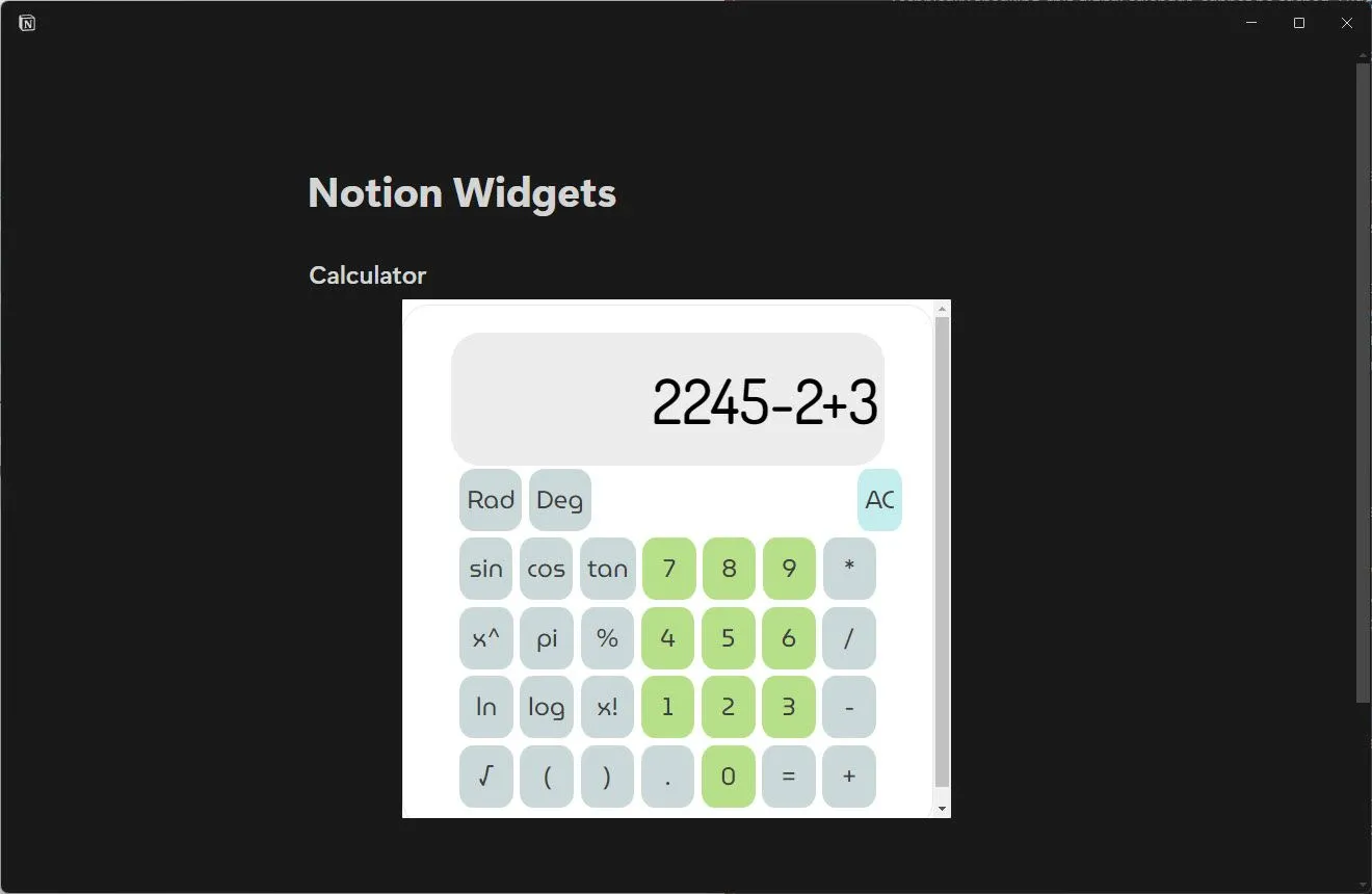 Widget máy tính (Calculator) hoạt động trên trang Notion