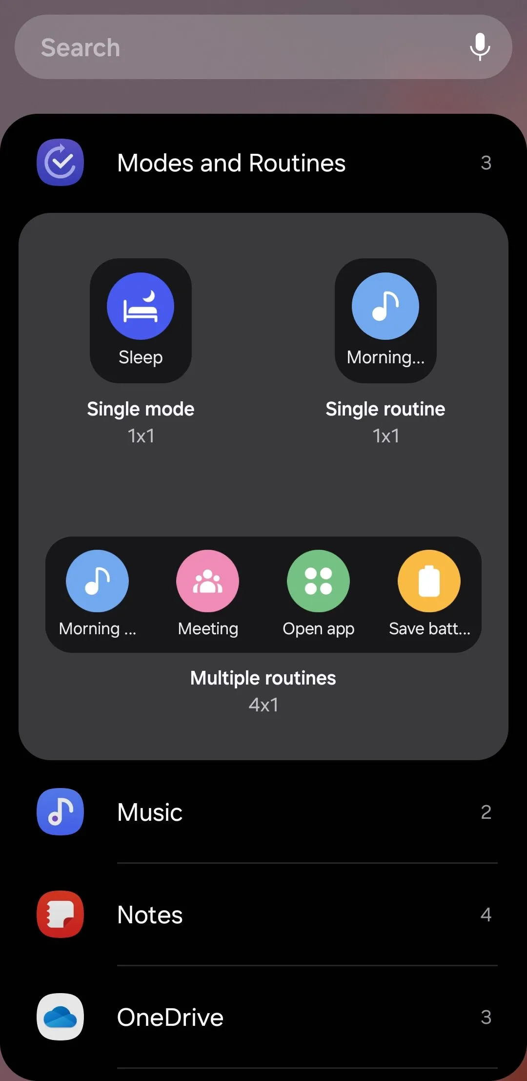 Widget Modes and Routines trên Android hiển thị các chế độ tùy chỉnh