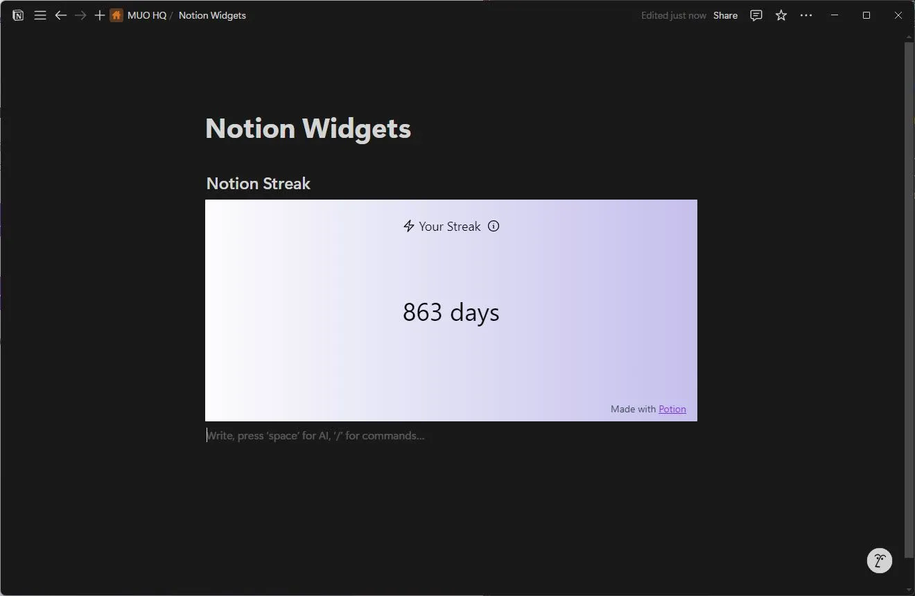 Widget Notion Streak đang hiển thị chuỗi ngày làm việc liên tục