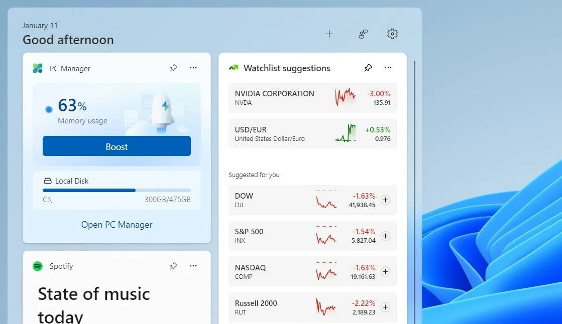 Widget PC Manager trong Windows 11 hiển thị mức sử dụng bộ nhớ và tùy chọn 'Boost' để tối ưu hóa.
