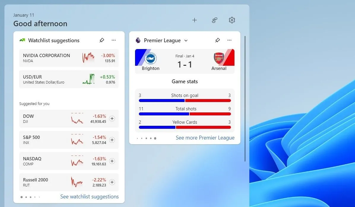 Widget Thể thao trên bảng điều khiển tiện ích Windows 11 hiển thị tỷ số và lịch thi đấu bóng đá.