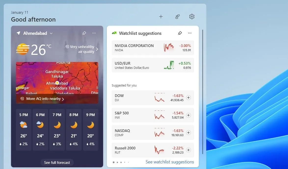 Widget thời tiết trên bảng điều khiển tiện ích Windows 11 hiển thị nhiệt độ và dự báo chi tiết.