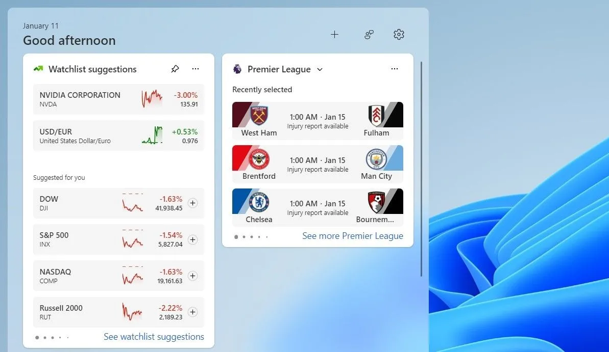 Widget Watchlist trên bảng điều khiển tiện ích Windows 11 cập nhật giá cổ phiếu, tiền mã hóa và tỷ giá hối đoái.