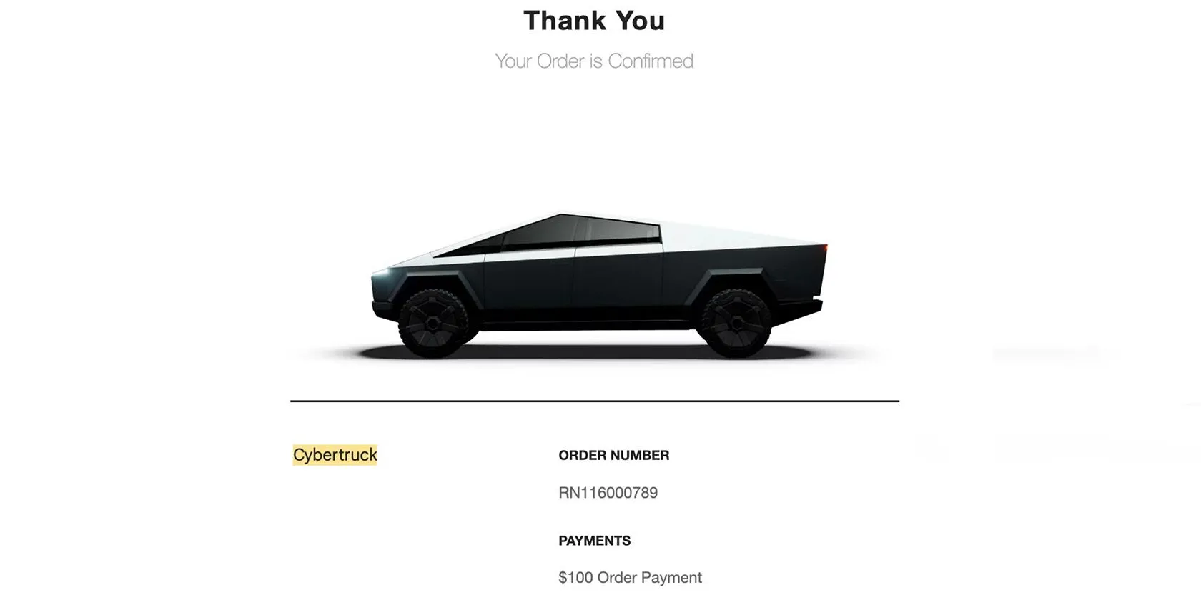Xác nhận đặt hàng xe điện Tesla Cybertruck, ví dụ về thông tin mua sắm trực tuyến