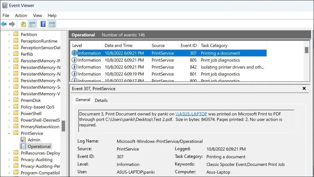 Xem chi tiết lịch sử tài liệu đã in trong nhật ký Operational của PrintService trên Windows