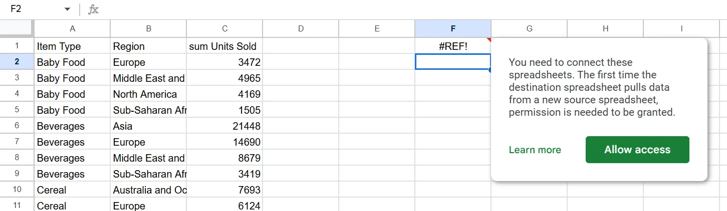 Yêu cầu cấp quyền truy cập bảng tính ngoài để chạy hàm QUERY trong Google Sheets